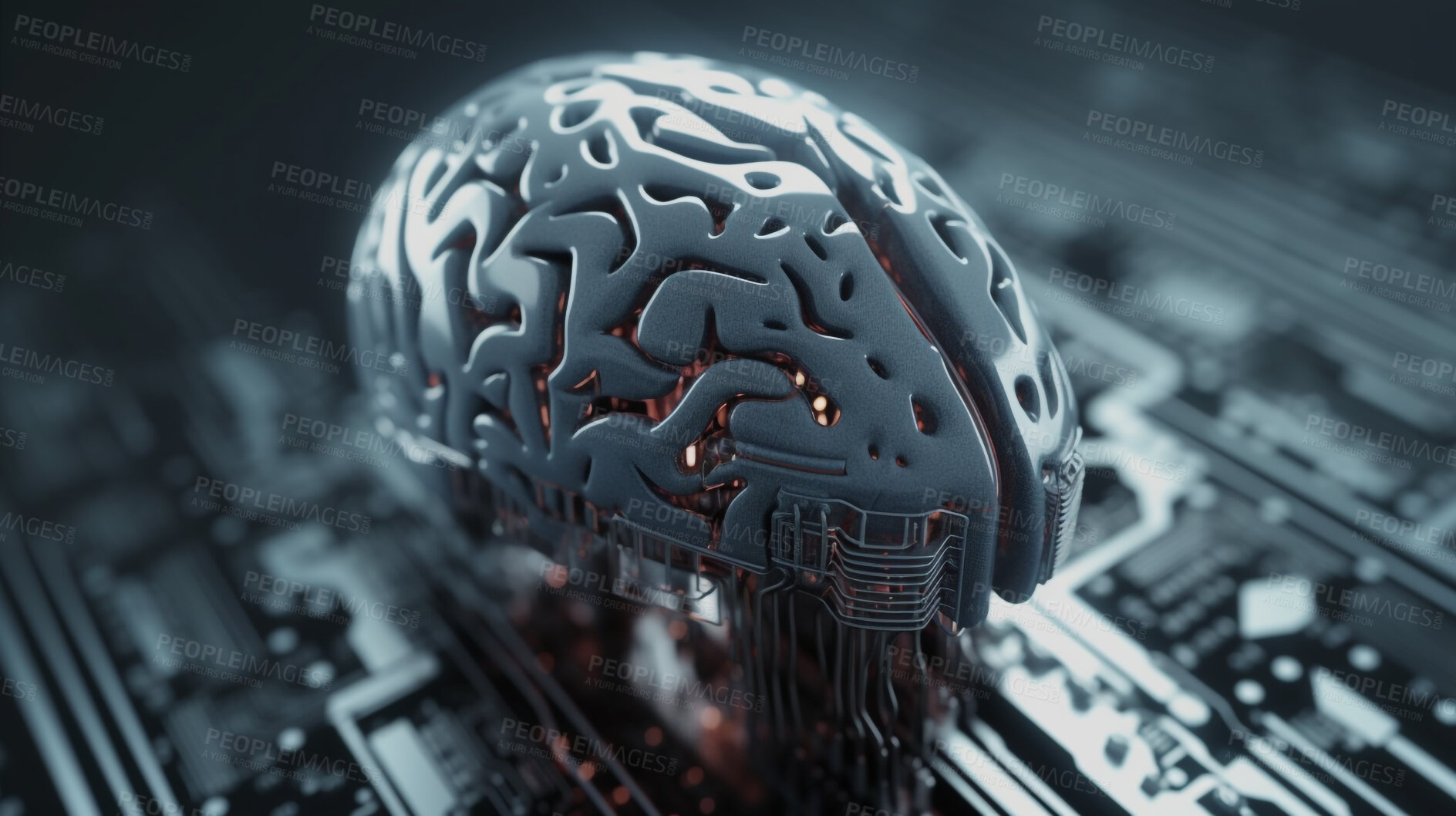 Buy stock photo Futuristic, brain and artificial intelligence on circuit board in closeup engineering, cybersecurity or programming. Ai generated, hardware and electrical motherboard chip for software system or data