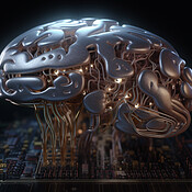 Closeup, brain and artificial intelligence on circuit board in ...