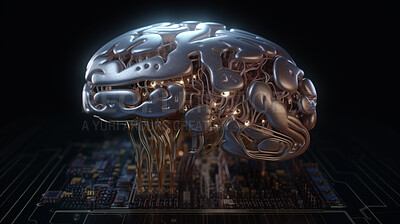 Closeup, brain and artificial intelligence on circuit board in futuristic engineering, cybersecurity or programming. Ai generated, hardware and electrical motherboard chip for software system or data