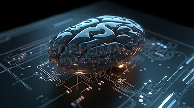 Closeup, brain and technology with circuit board of future for engineering, cybersecurity or programming. Ai generated, hardware and electrical motherboard chip for system and artificial intelligence