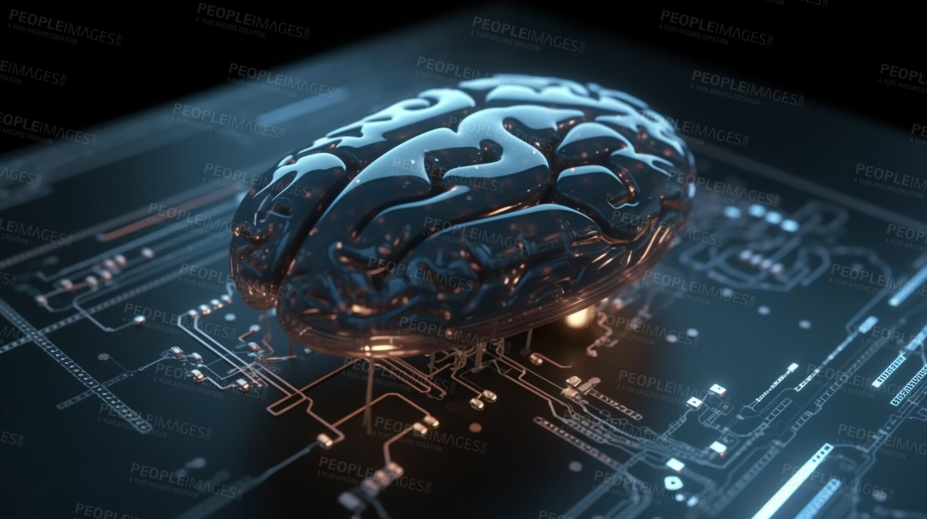 Buy stock photo Closeup, brain and technology with circuit board of future for engineering, cybersecurity or programming. Ai generated, hardware and electrical motherboard chip for system and artificial intelligence