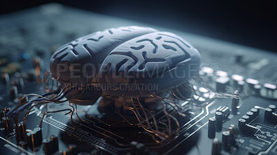 Data, brain and technology with circuit board of future for engineering, cybersecurity and programming. Ai generated, hardware and electrical motherboard chip for system and artificial intelligence