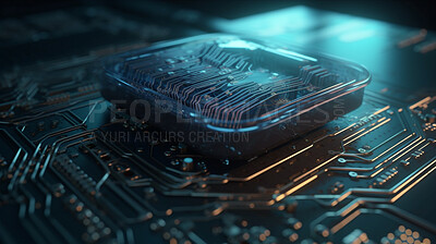 Data, electrical and technology with circuit board of future for engineering, cybersecurity and programming. Ai generated, hardware and closeup of motherboard chip for computer system and processor