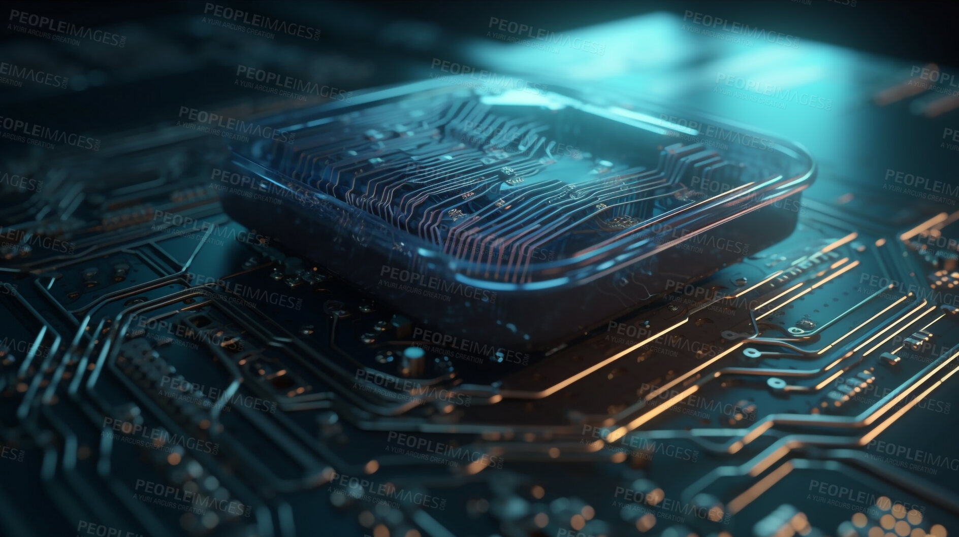 Buy stock photo Data, electrical and technology with circuit board of future for engineering, cybersecurity and programming. Ai generated, hardware and closeup of motherboard chip for computer system and processor