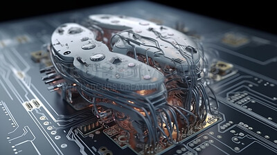 Brain, electrical and technology with circuit board of future for engineering, artificial intelligence and programming. Ai generated, data and closeup of motherboard chip for system and processor