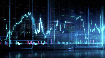 Graph, investment and futuristic hologram of stock market, financial chart and investment profit tracking. Ai generated, data and analysis on dark screen for cryptocurrency, banking and forex trading