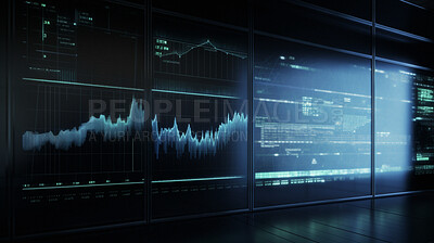 Trading, graph and screen hologram of stock market, finance management and investment profit tracking. Ai generated, data and chart on futuristic cryptocurrency, banking and night forex analysis