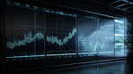 Analysis, graph and screen hologram of stock market, financial management and investment profit tracking. Ai generated, data and chart on futuristic cryptocurrency, banking and night forex trading