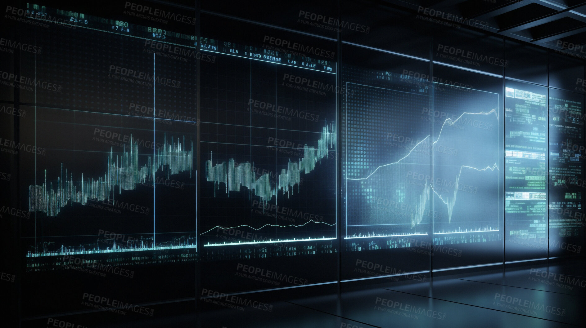 Buy stock photo Analysis, graph and screen hologram of stock market, financial management and investment profit tracking. Ai generated, data and chart on futuristic cryptocurrency, banking and night forex trading