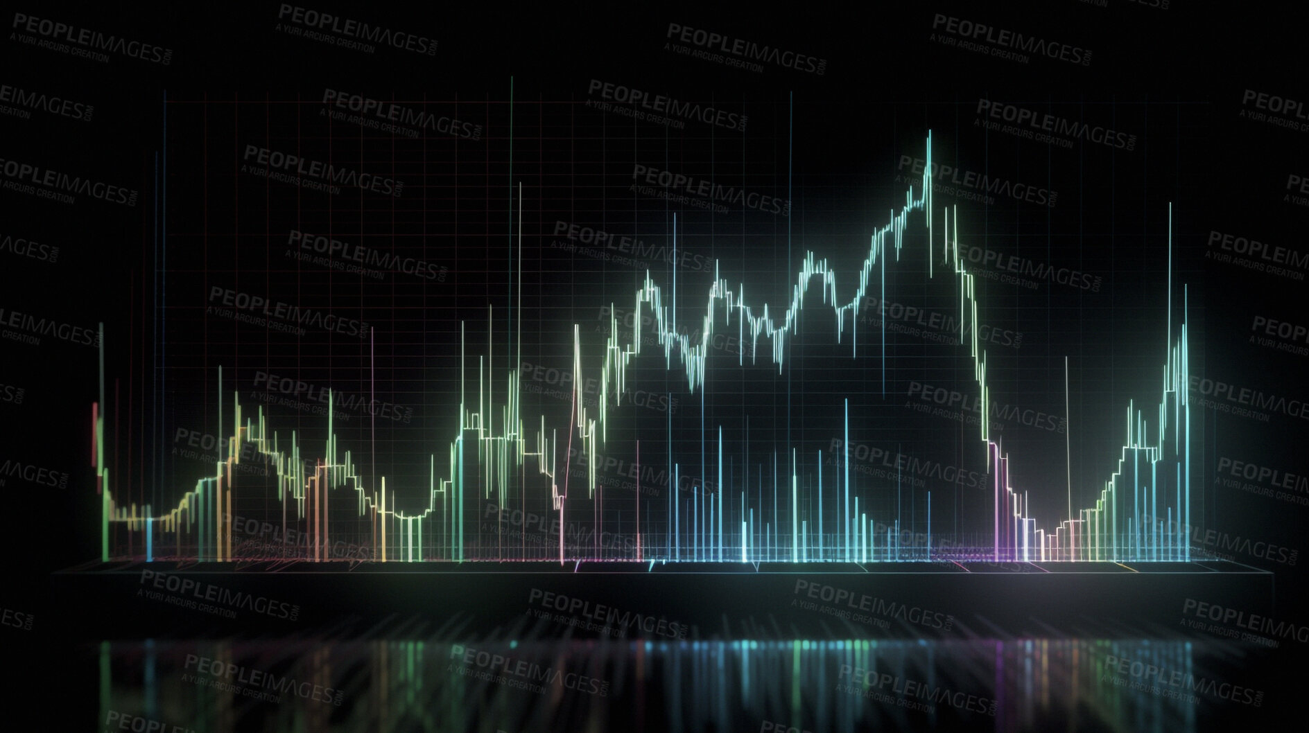 Buy stock photo Graph, chart and screen hologram of stock market, financial management and investment profit tracking. Ai generated, data and analysis on futuristic cryptocurrency, banking and late forex trading