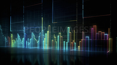 Graph, data and futuristic hologram of stock market, financial management and investment profit tracking. Ai generated, chart and analysis on dark screen for cryptocurrency, banking and forex trading