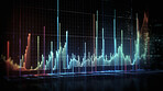 Graph, chart and futuristic hologram of stock market, financial management and investment profit tracking. Ai generated, data and analysis on dark screen for cryptocurrency, banking and forex trading