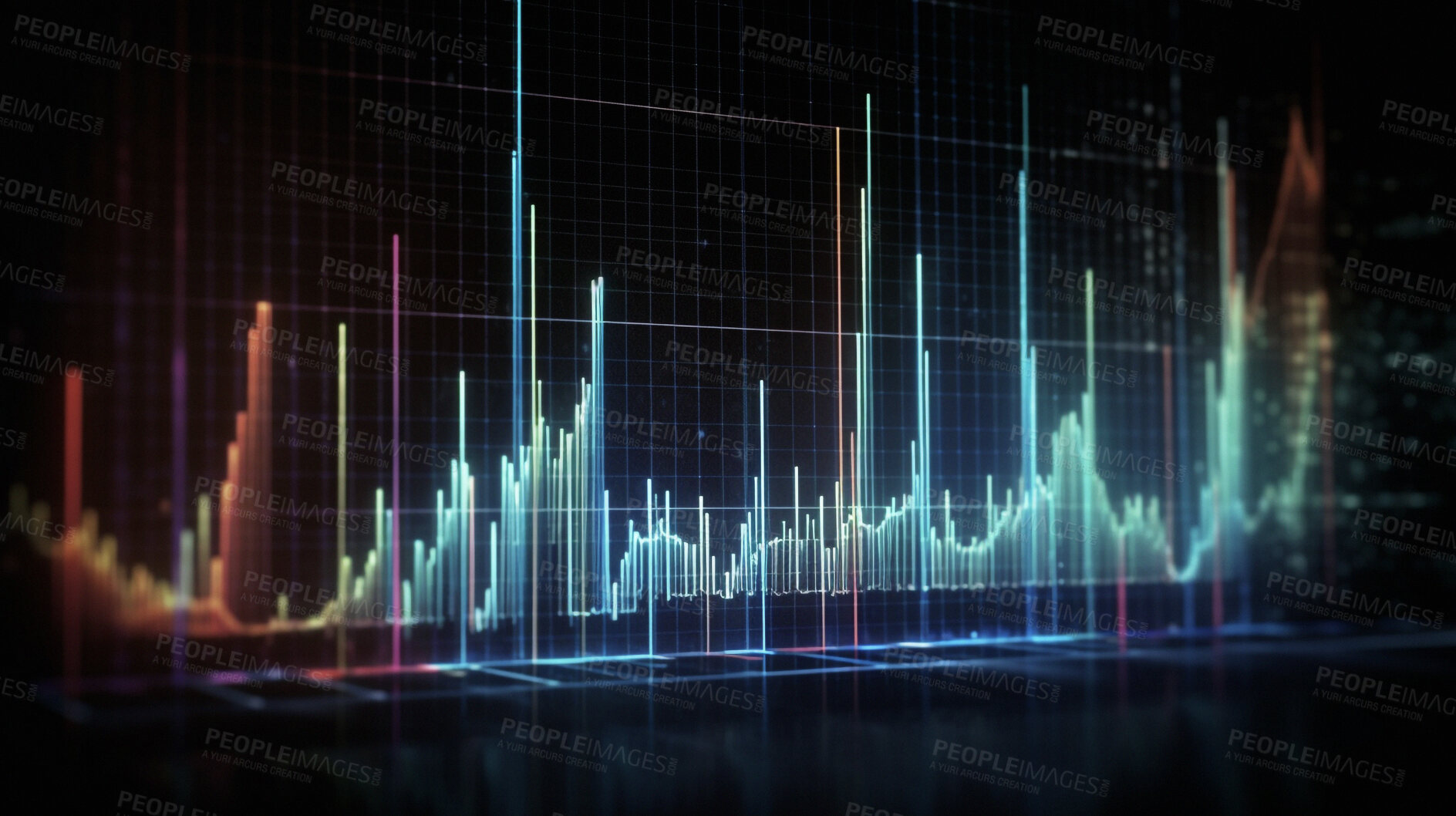 Buy stock photo Graph, chart and futuristic hologram of stock market, financial management and investment profit tracking. Ai generated, data and analysis on dark screen for cryptocurrency, banking and forex trading