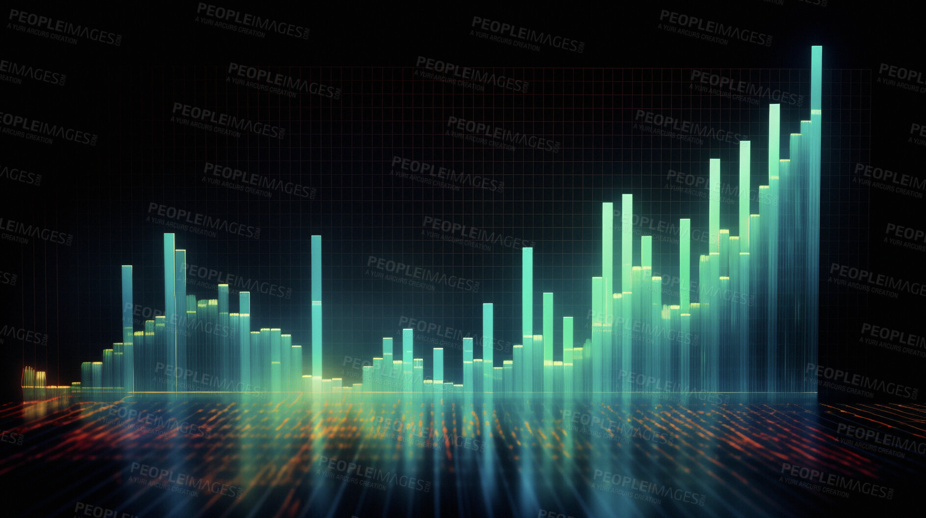 Buy stock photo Graph, analysis and screen hologram of stock market, financial management and investment profit tracking. Ai generated, data and chart on futuristic cryptocurrency, banking and late forex trading