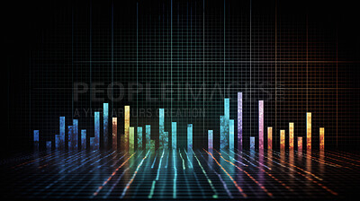 Graph, financial and screen hologram of stock market, chart management and investment profit tracking. Ai generated, data and analysis on futuristic cryptocurrency, banking and late forex trading