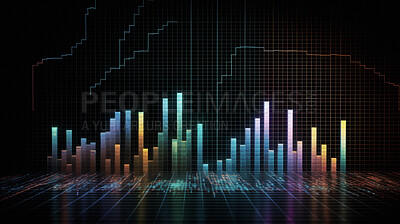 Graph, analysis and futuristic hologram of stock market, financial management and investment profit tracking. Ai generated, data and chart on dark screen for cryptocurrency, banking and forex trading