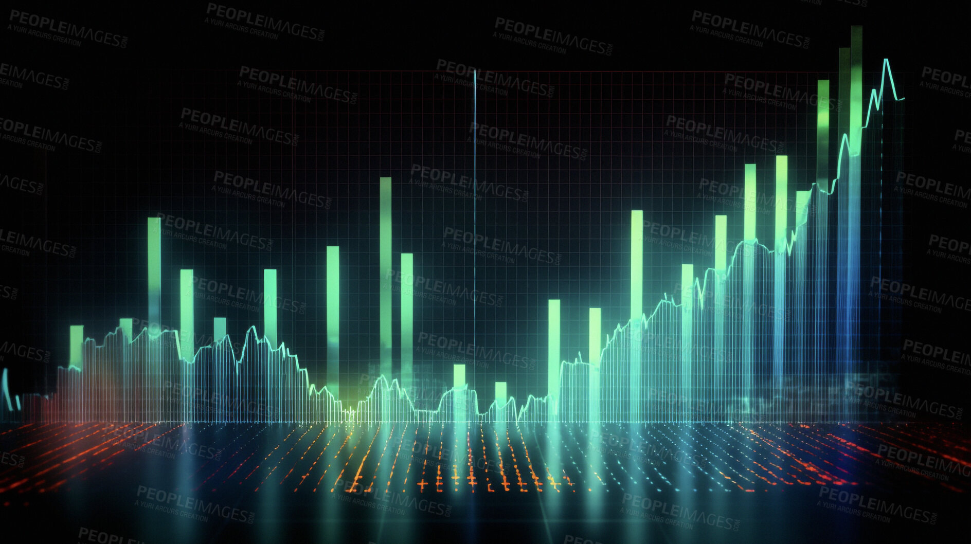 Buy stock photo Graph, chart and futuristic hologram of stock market, financial management and investment profit tracking. Ai generated, data and analysis on dark screen for cryptocurrency, banking and forex trading