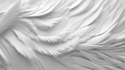 Buy stock photo Closeup, white and feathers background for peace, calm and spirituality for God, religion and hope. Ai generated, feather and bird plumage for creative banner, texture or detail space for angel faith