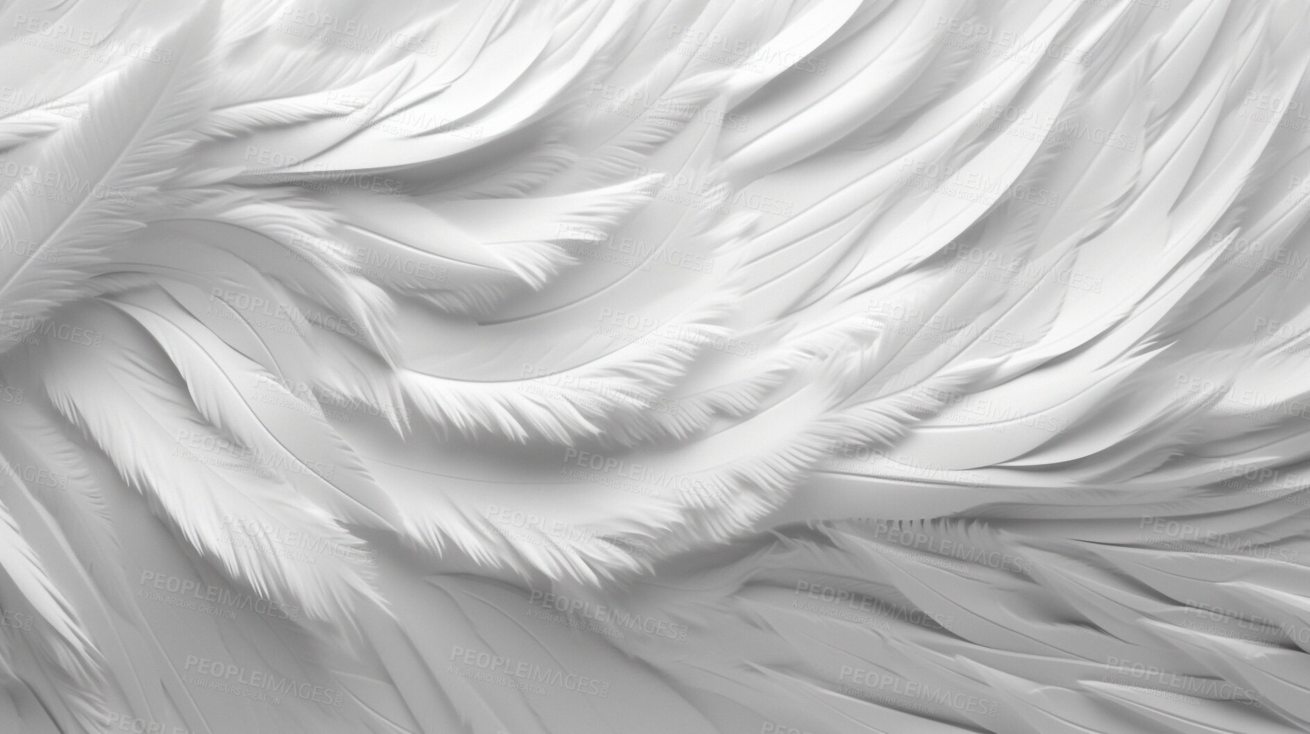 Buy stock photo Closeup, white and feathers background for peace, calm and spirituality for God, religion and hope. Ai generated, feather and bird plumage for creative banner, texture or detail space for angel faith