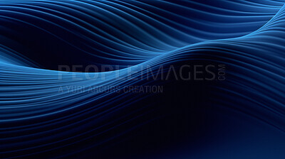 Buy stock photo Closeup, texture and blue line art on background for motion, deco and creative movement design. Ai generated, banner and curve dynamic effect for energy flow, frequency and sound waves detail