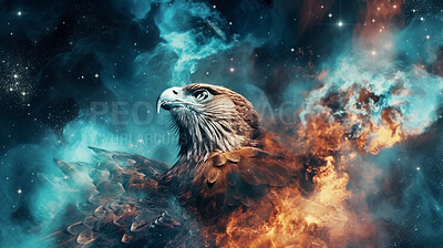Buy stock photo Closeup, bird and eagle with fire, flame and color powder background for creative design, art deco and banner. Ai generated wildlife, animal and motion for patriotic, fantasy and mythology