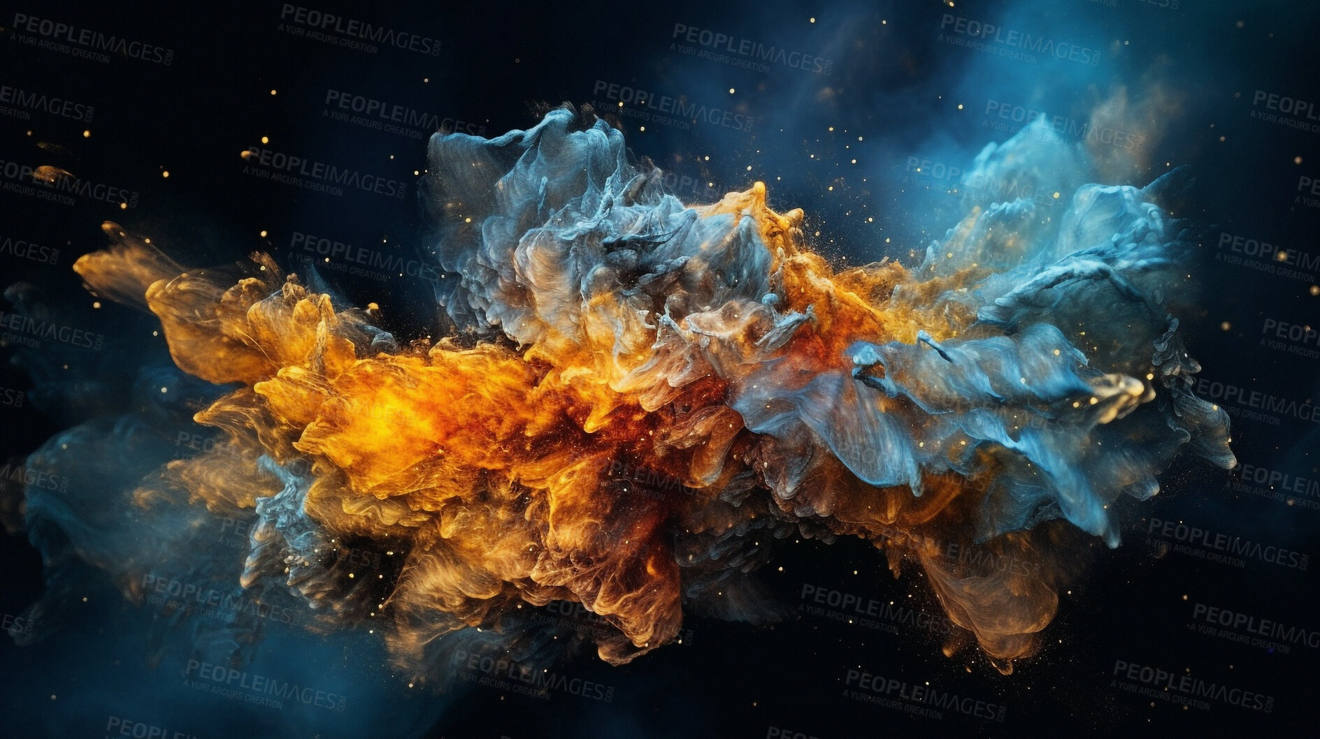 Buy stock photo Closeup, powder and motion background in splash, explosion and mix for abstract, creative and Holi banner art. Ai generated, ink and mixing movement with vibrant color, dynamic effect and painting