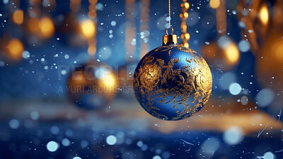 Christmas, decoration and abstract with snow and baubles for creative, glitter and sparkle. Ai generated, banner and space with blue and gold ornaments on background for celebration and xmas holiday