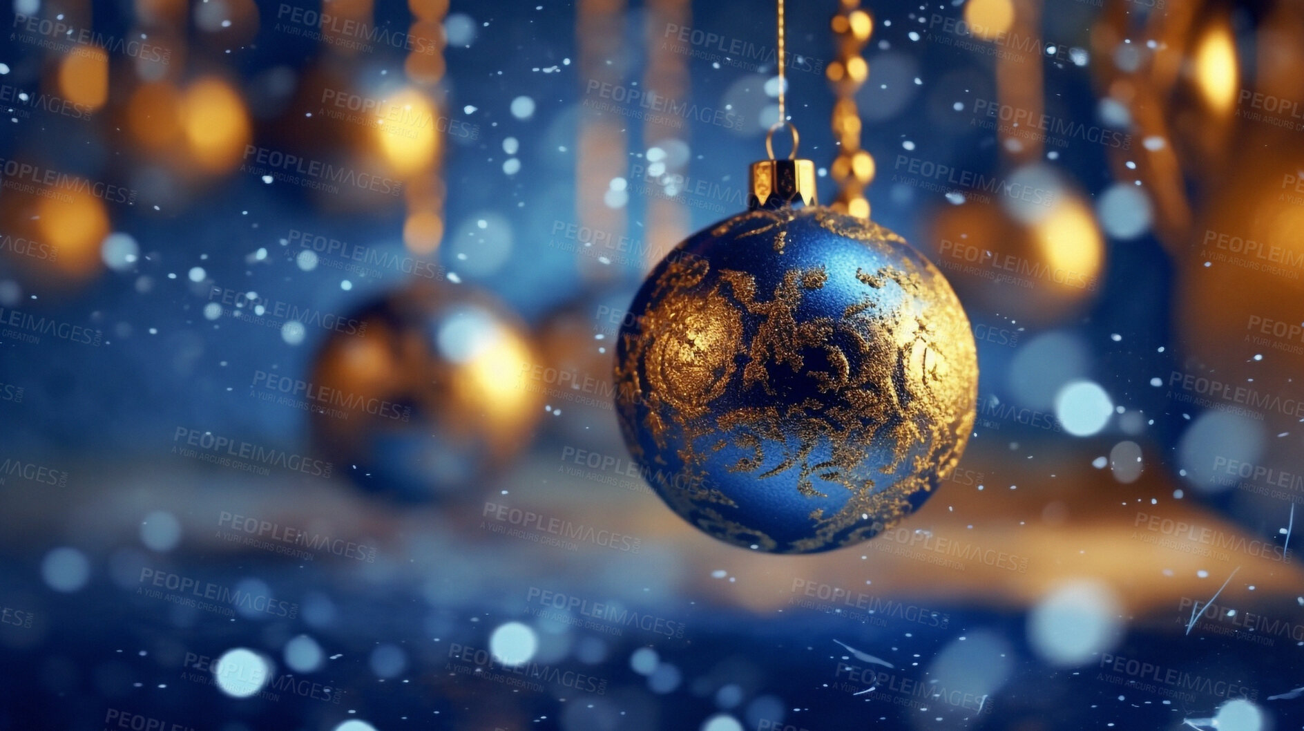 Buy stock photo Christmas, decoration and abstract with snow and baubles for creative, glitter and sparkle. Ai generated, banner and space with blue and gold ornaments on background for celebration and xmas holiday