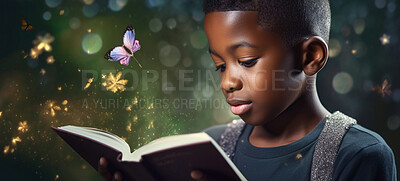 Fantasy, book and education with black kid and reading for fairytale, imagination and learning. Ai generated, inspiration and banner with young boy and study for magical, night and child development