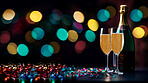 Closeup, champagne in bottle with glass and new year in restaurant, night club or event for celebration, drink or party. Ai generated, alcohol or luxury bubble beverage isolated on bokeh mockup space