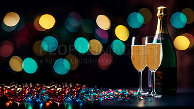 Closeup, champagne in bottle with glass and new year in restaurant, night club or event for celebration, drink or party. Ai generated, alcohol or luxury bubble beverage isolated on bokeh mockup space