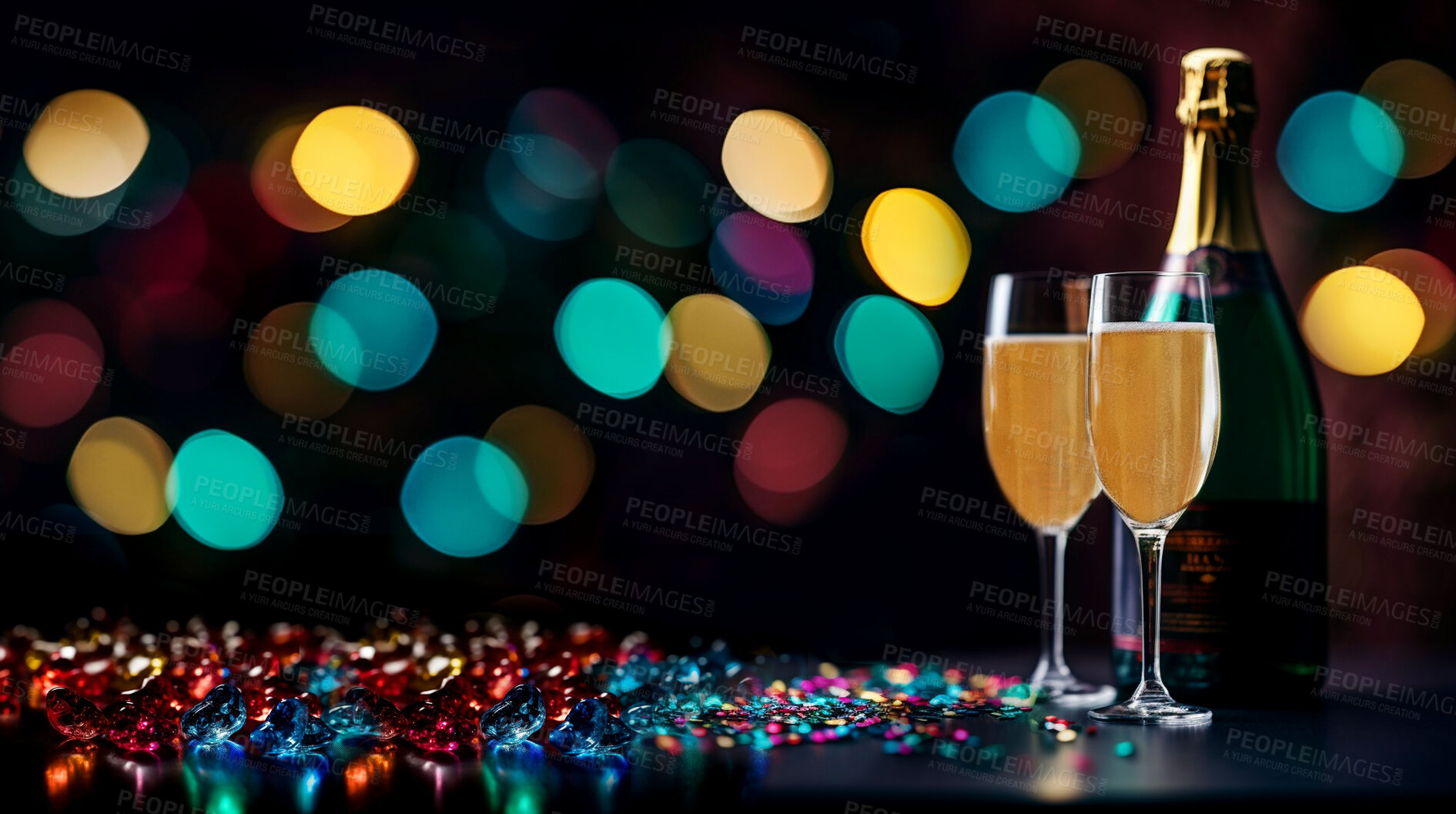 Buy stock photo Closeup, champagne in bottle with glass and new year in restaurant, night club or event for celebration, drink or party. Ai generated, alcohol or luxury bubble beverage isolated on bokeh mockup space