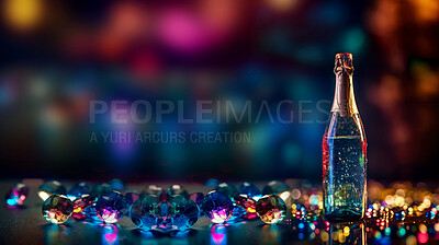 Closeup, champagne in bottle with new year in restaurant, night club and event for celebration, drink or party. Ai generated, alcohol or luxury bubble beverage on table isolated on bokeh mockup space