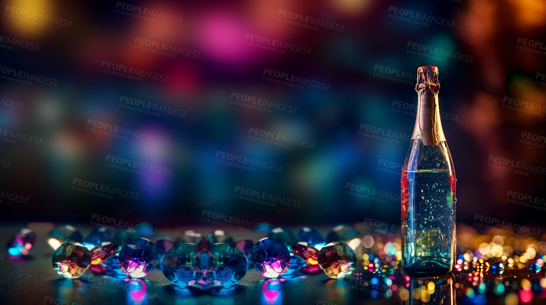 Buy stock photo Closeup, champagne in bottle with new year in restaurant, night club and event for celebration, drink or party. Ai generated, alcohol or luxury bubble beverage on table isolated on bokeh mockup space