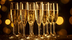 Closeup, champagne in glass with party in restaurant, night club and event for celebration, new year and alcohol. Ai generated, drink or luxury bubble beverage on table isolated on bokeh mockup space