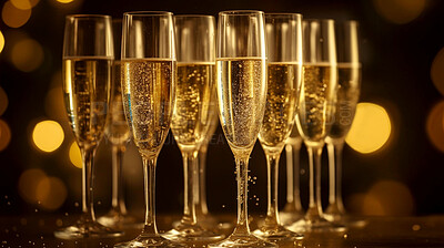 Closeup, champagne in glass with party in restaurant, night club and event for celebration, new year and alcohol. Ai generated, drink or luxury bubble beverage on table isolated on bokeh mockup space