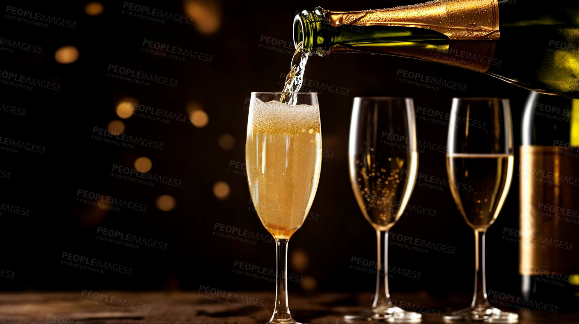 Buy stock photo Closeup, champagne and bottle with glass in restaurant, night club and event for celebration, new year and party. Ai generated, drink or luxury bubble beverage on table isolated on bokeh mockup space