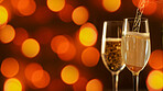 Closeup, champagne or alcohol glass in festive, night club and restaurant for celebration, new year and party. Ai generated, drink or luxury bubble beverage on table isolated on bokeh mockup space