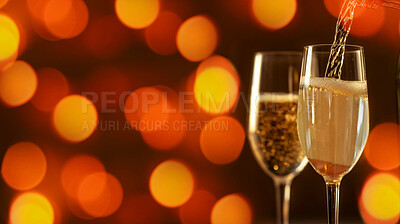 Closeup, champagne or alcohol glass in festive, night club and restaurant for celebration, new year and party. Ai generated, drink or luxury bubble beverage on table isolated on bokeh mockup space