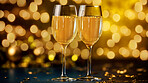 Closeup, wine and alcohol glass in event, night club and restaurant for celebration, new year and party. Ai generated, drink or luxury bubble beverage on table isolated on bokeh mockup space