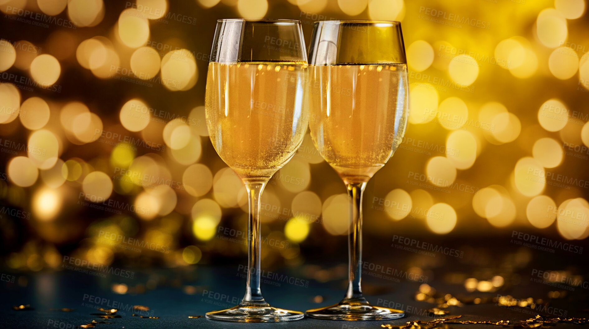 Buy stock photo Closeup, wine and alcohol glass in event, night club and restaurant for celebration, new year and party. Ai generated, drink or luxury bubble beverage on table isolated on bokeh mockup space