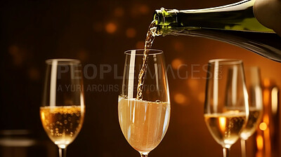 Closeup, champagne and bottle with glass in event, night club and restaurant for celebration, new year and party. Ai generated, drink or luxury bubble beverage on table isolated on bokeh mockup space