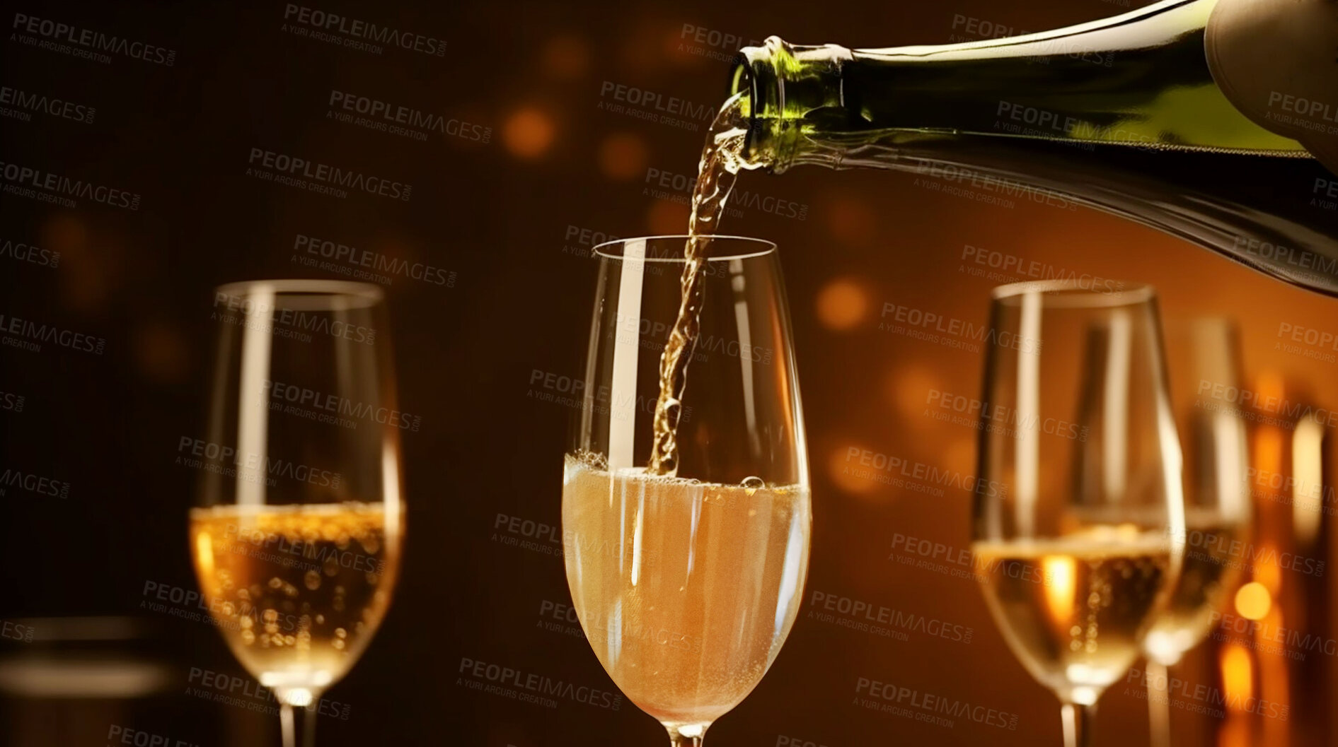 Buy stock photo Closeup, champagne and bottle with glass in event, night club and restaurant for celebration, new year and party. Ai generated, drink or luxury bubble beverage on table isolated on bokeh mockup space