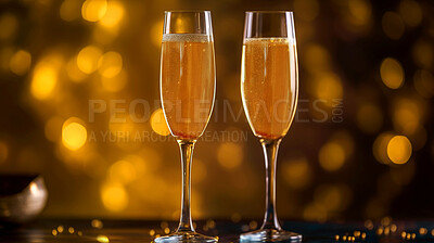 Closeup, champagne or alcohol glass in event, night club and restaurant for celebration, new year and party. Ai generated, drink or luxury bubble beverage on table isolated on bokeh mockup space