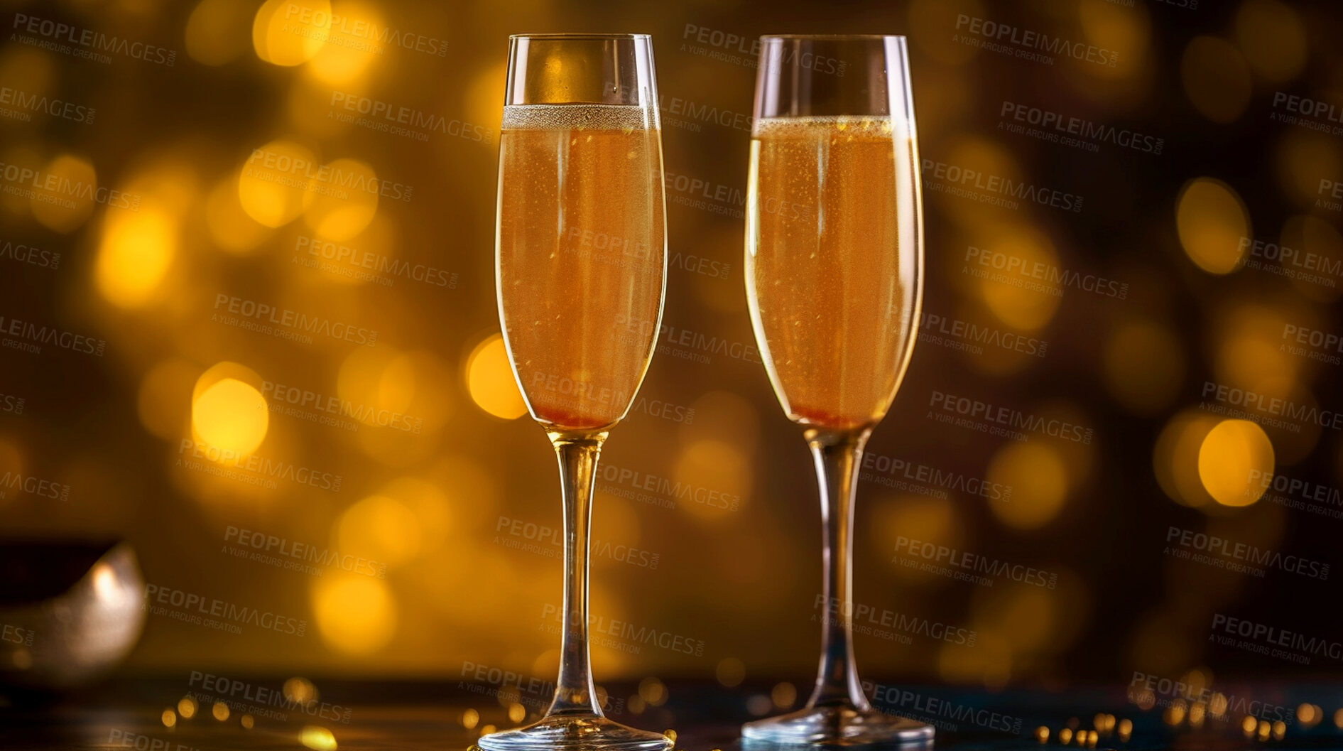 Buy stock photo Closeup, champagne or alcohol glass in event, night club and restaurant for celebration, new year and party. Ai generated, drink or luxury bubble beverage on table isolated on bokeh mockup space