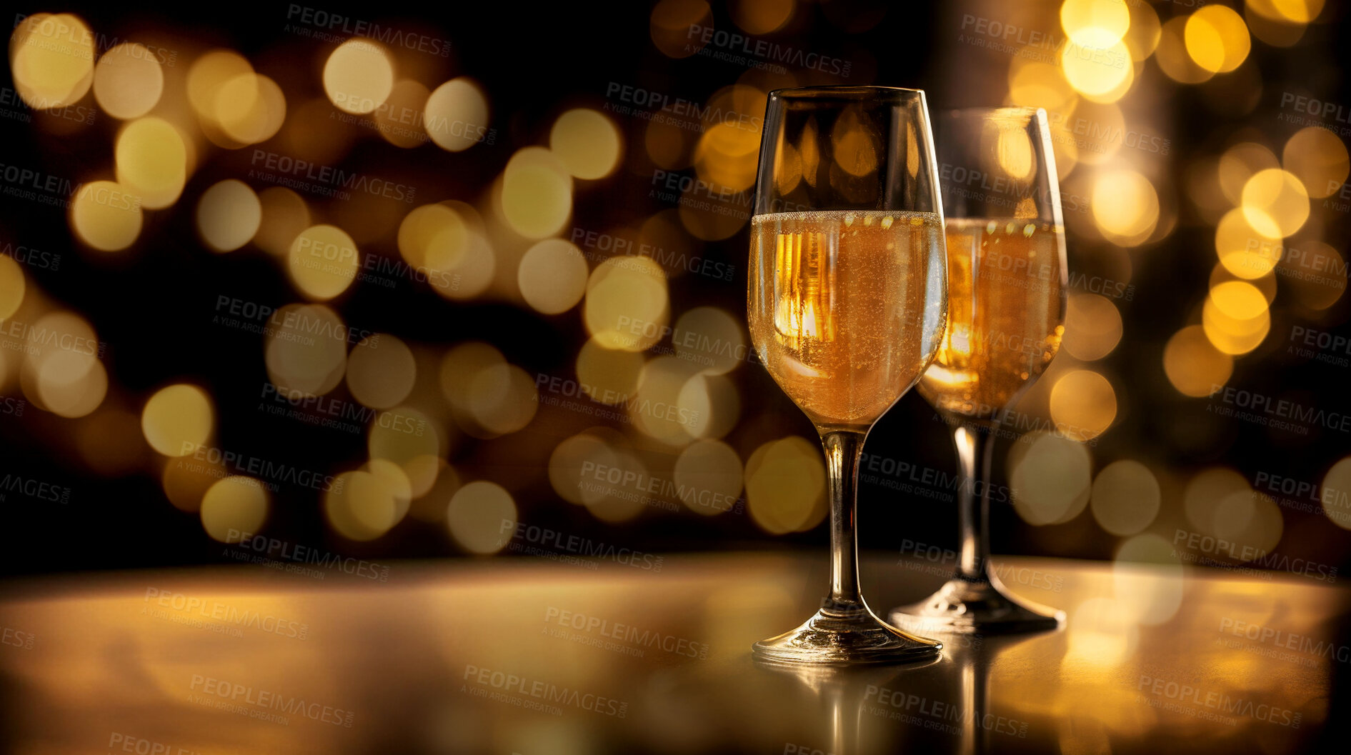 Buy stock photo Closeup, wine or alcohol glass in party, night club and restaurant for celebration, new year and event. Ai generated, drink or luxury champagne bubble beverage on table isolated on bokeh mockup space