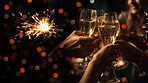 Closeup, champagne or alcohol glass with cheers in party, restaurant and night club for celebration, new year and sparkler event. Ai generated, drink or people with bubble beverage on bokeh space