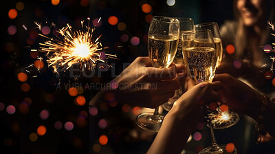 Closeup, champagne or alcohol glass with cheers in party, restaurant and night club for celebration, new year and sparkler event. Ai generated, drink or people with bubble beverage on bokeh space