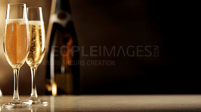 Closeup, champagne or alcohol glass with space in party, restaurant and night club for celebration, new year and late event. Ai generated, drink or luxury bubble beverage on table on bokeh mockup