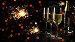 Closeup, champagne or alcohol glass with sparkler in party, restaurant and night club for celebration, new year and late event. Ai generated, drink or luxury bubble beverage on bokeh mockup space